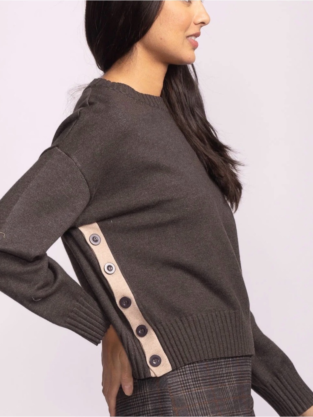 Pink MartiniWomen’s Dark Brown Button-Trim Crewneck Sweater